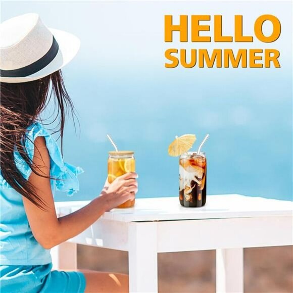 Set of 4 Glass Cups with Bamboo Lids Straws Iced Coffee Tea Cocktail Beer - Picture 6 of 8